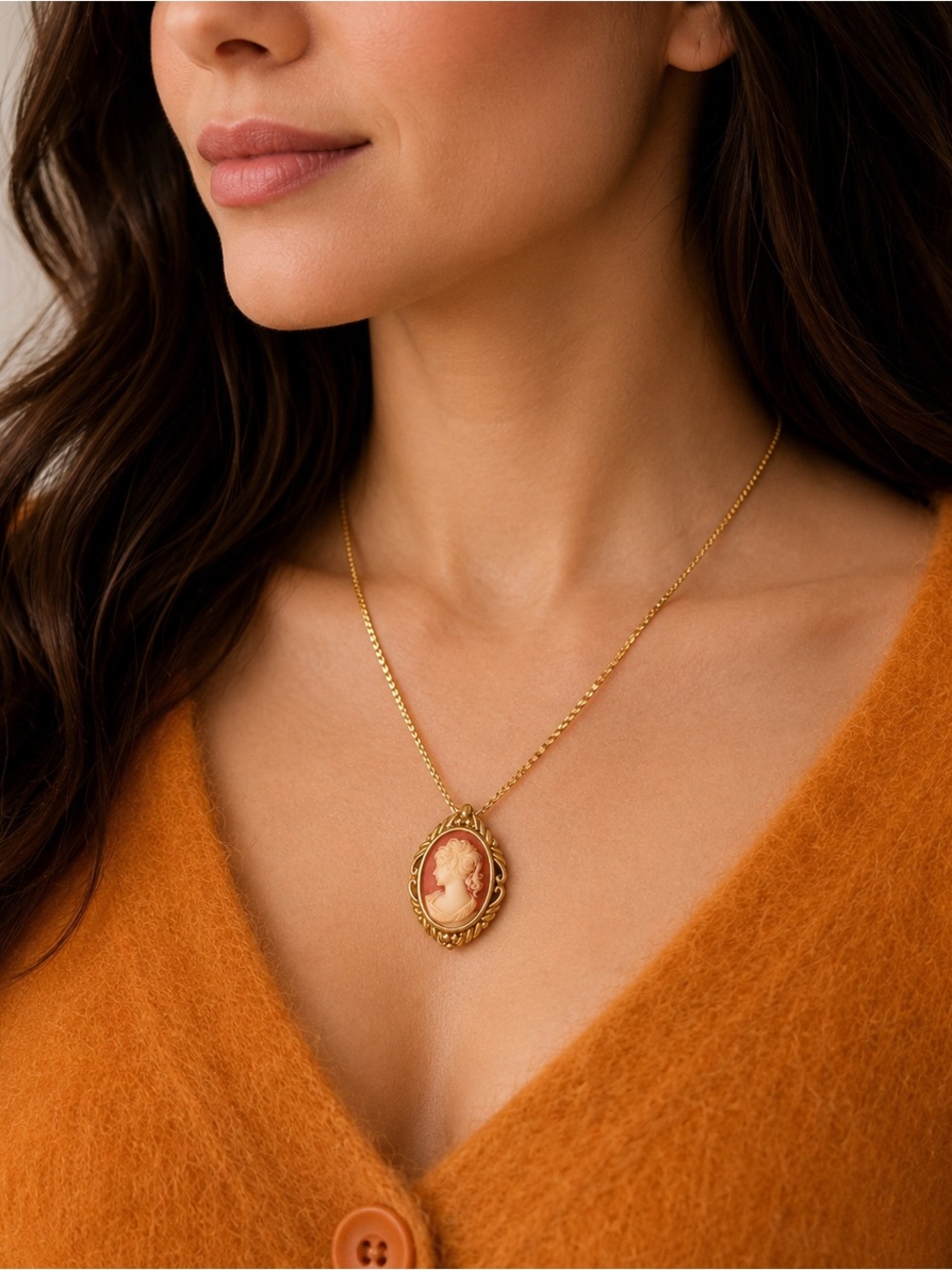 Vintage Pierre Cardin Signed Cameo Necklace Coral Ivory Resin Gold Tone 17"